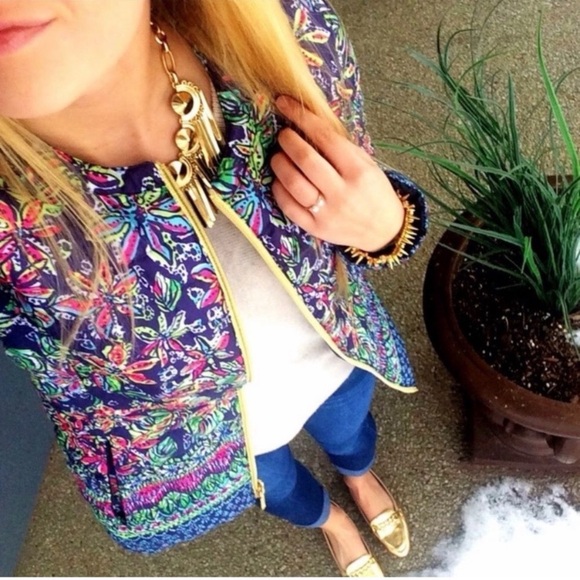 💙 LILLY PULITZER 2-in-1 NAVY PINK REVERSIBLE PUFFER JACKET down father XL Floral - Picture 13 of 16